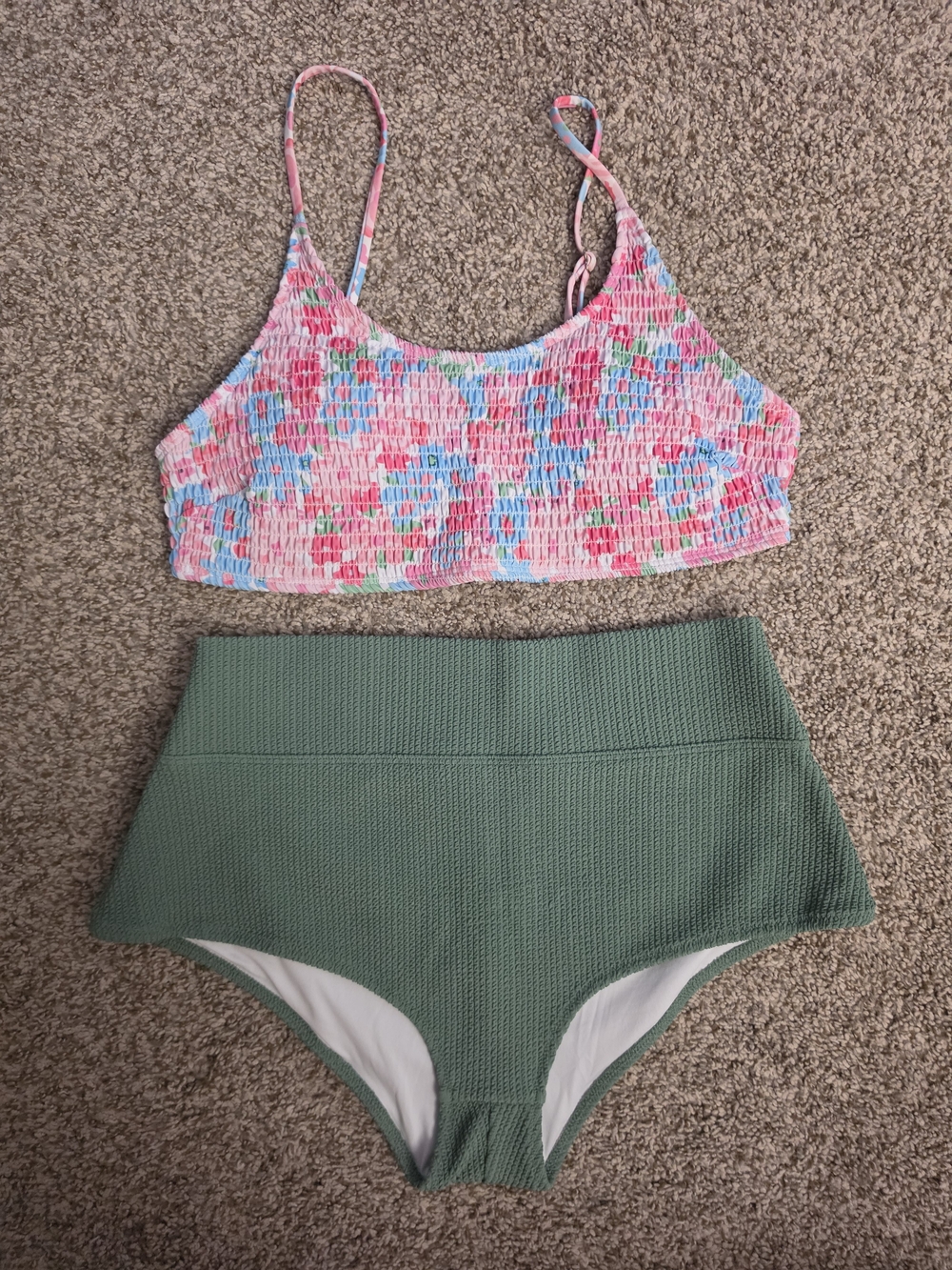 Floral Smocked Bikini Top & Sage High-Waist Bottoms